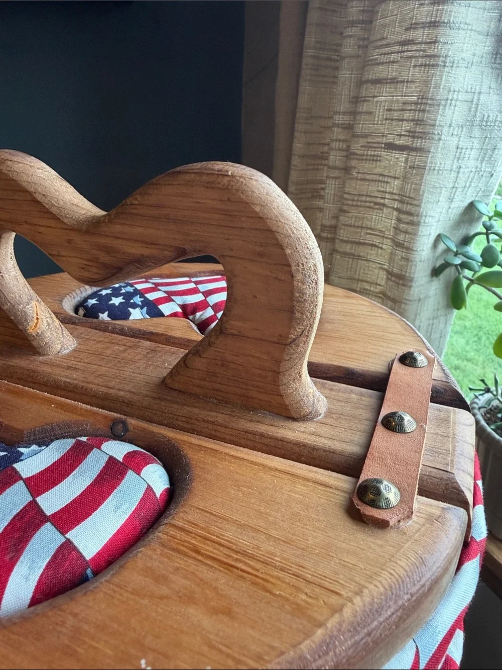 Vintage Wood Double Lid Barrel Weave Basket Lined Flag Heart